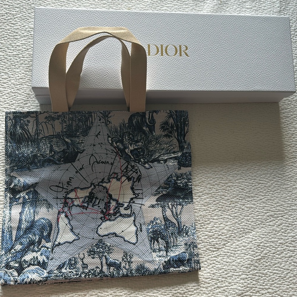 Dior “Around the World” grass cloth shopping tote with large box